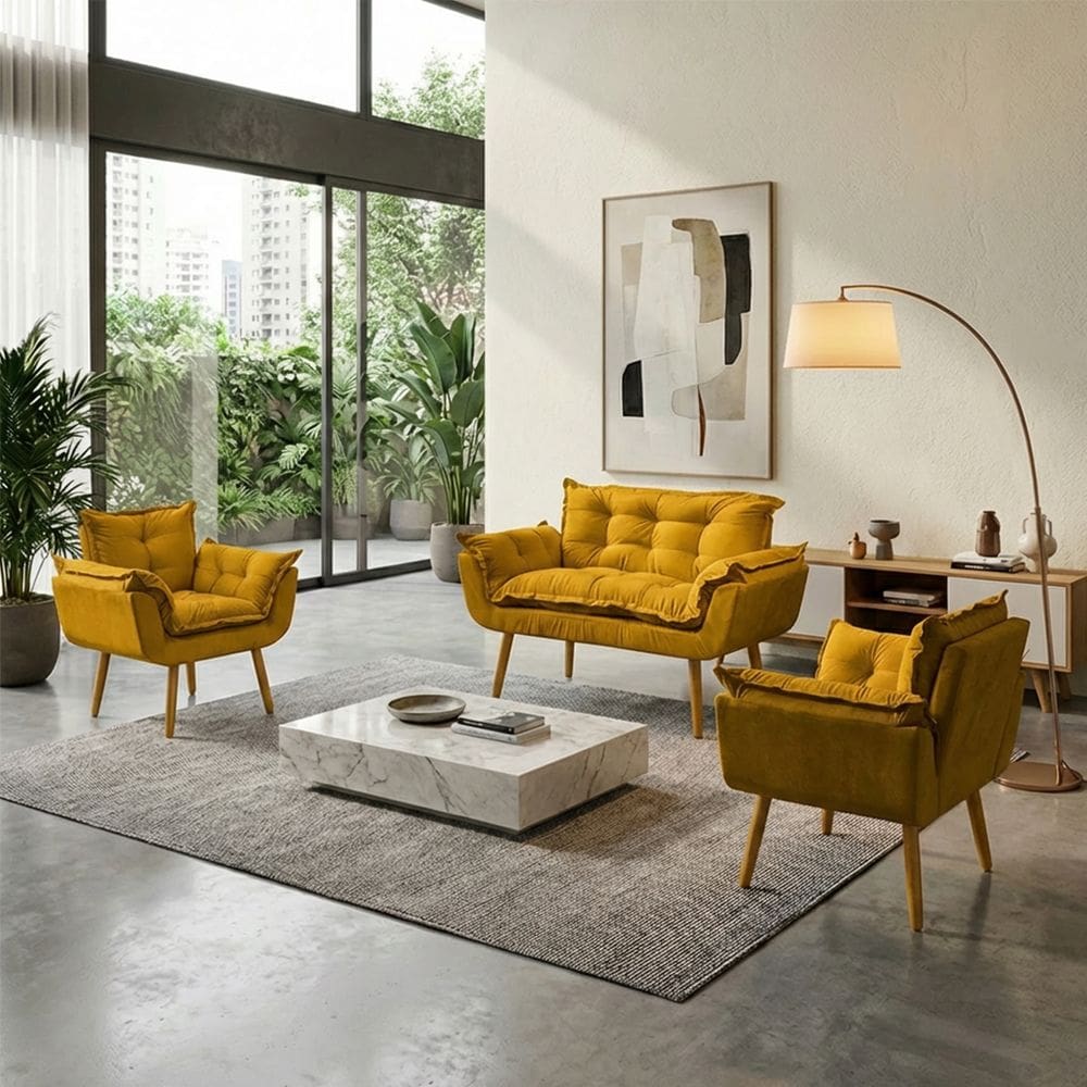 Kit Namoradeira Decorativa E 2 Poltronas Confortável Para Sala Recepção Manicure Consultório Escritório Alice Tecido Suede