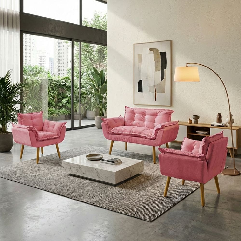 Kit Namoradeira Decorativa E 2 Poltronas Confortável Para Sala Recepção Manicure Consultório Escritório Alice Tecido Suede