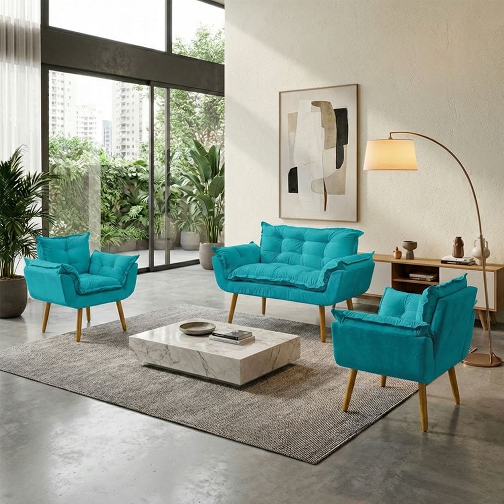 Kit Namoradeira Decorativa E 2 Poltronas Confortável Para Sala Recepção Manicure Consultório Escritório Alice Tecido Suede