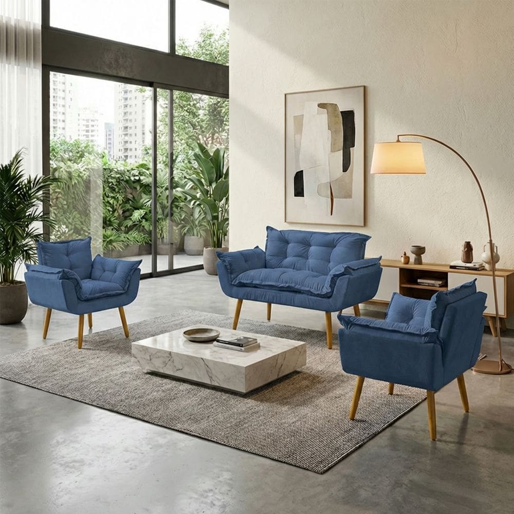 Kit Namoradeira Decorativa E 2 Poltronas Confortável Para Sala Recepção Manicure Consultório Escritório Alice Tecido Suede