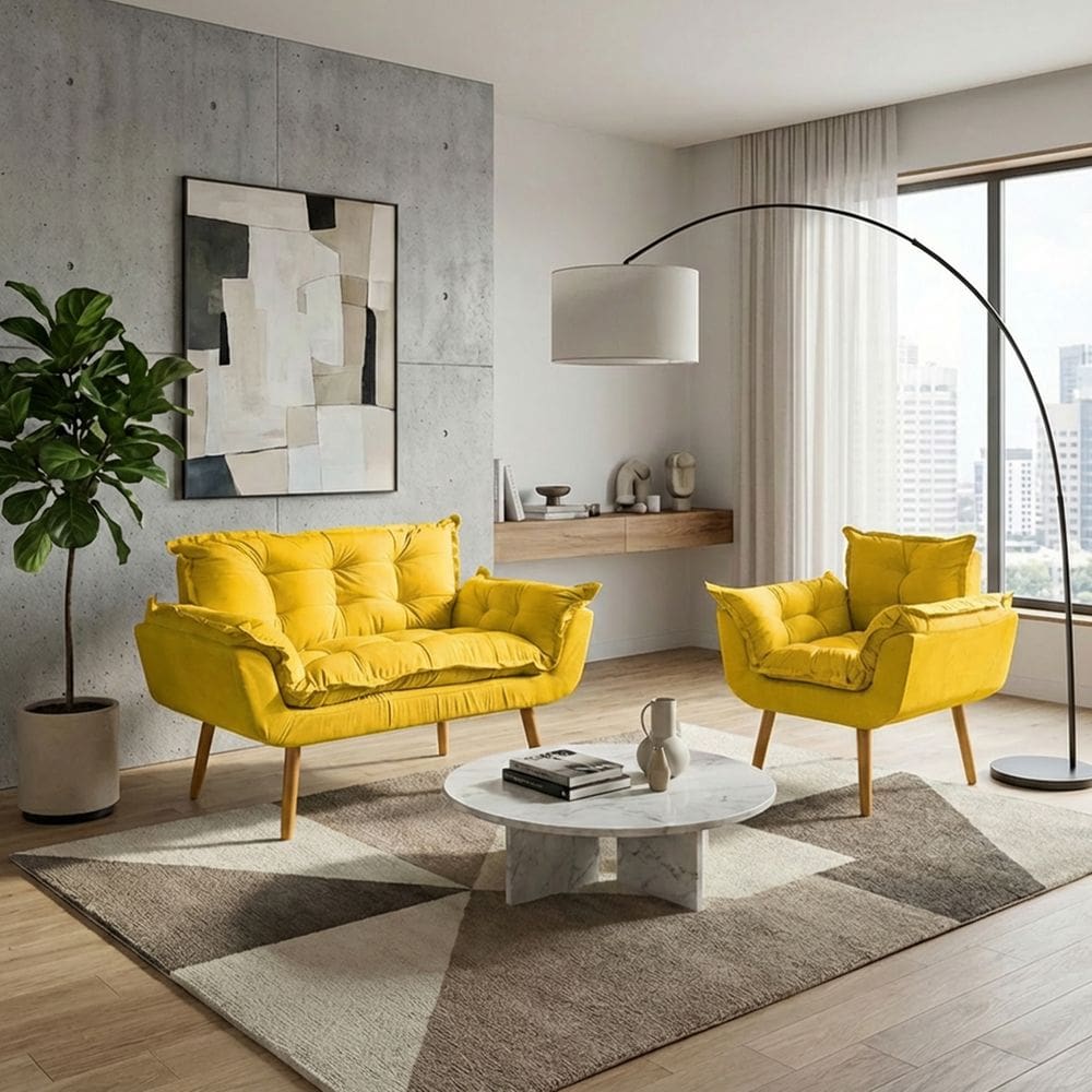 Kit Namoradeira e Poltrona Decorativa Para Sala Recepção Manicure Consultório Alice Tecido Suede