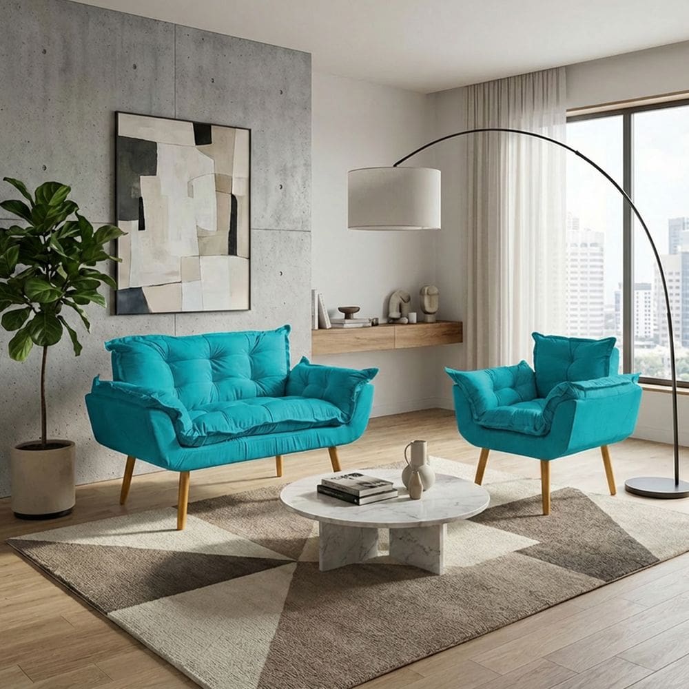 Kit Namoradeira e Poltrona Decorativa Para Sala Recepção Manicure Consultório Alice Tecido Suede