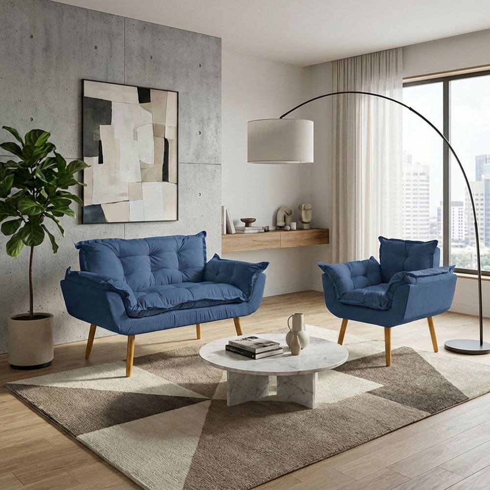 Kit Namoradeira e Poltrona Decorativa Para Sala Recepção Manicure Consultório Alice Tecido Suede