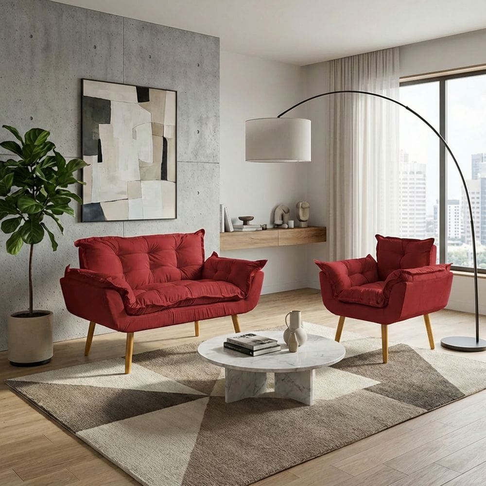 Kit Namoradeira e Poltrona Decorativa Para Sala Recepção Manicure Consultório Alice Tecido Suede