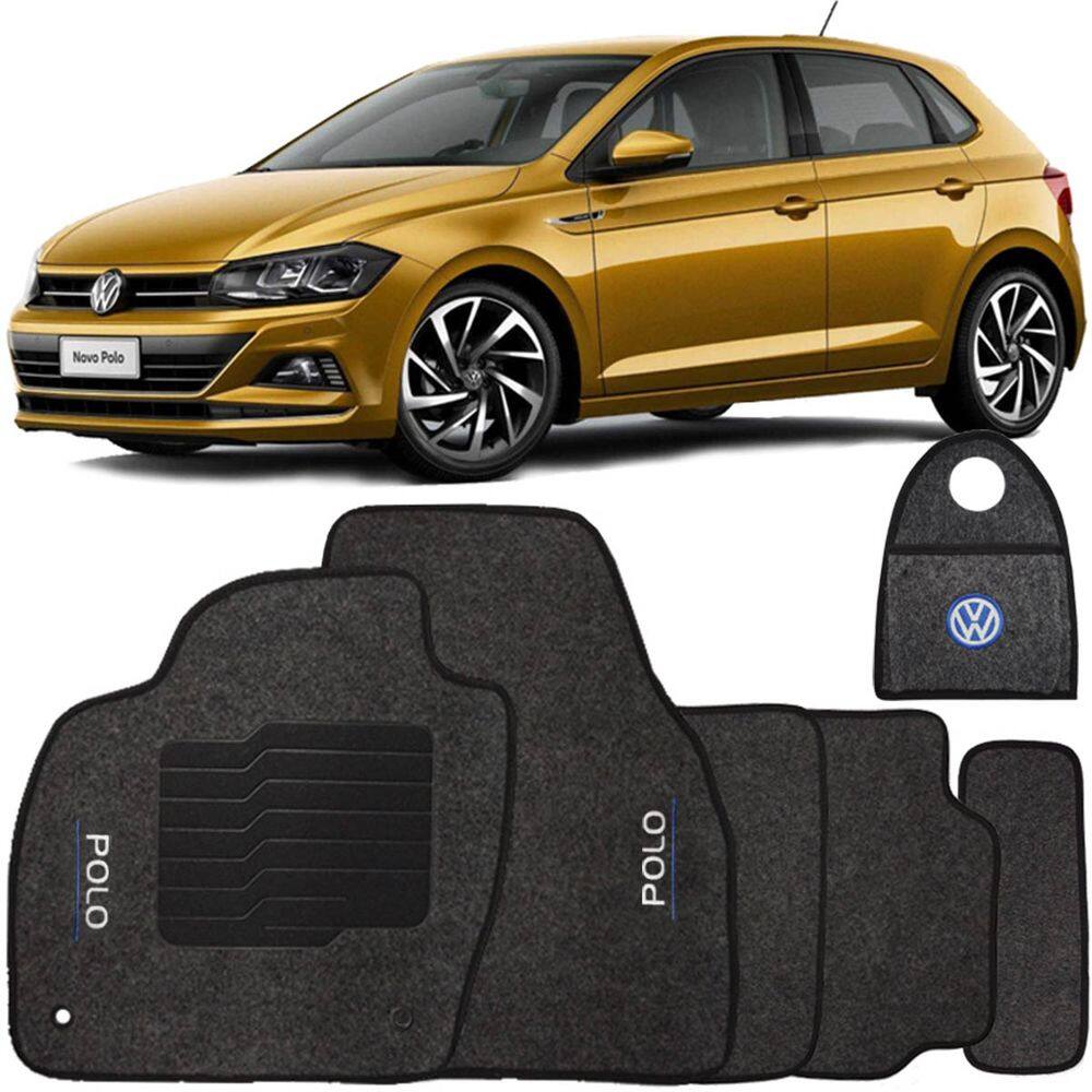Jogo Tapete Automotivo Carpete + Lixeira Polo 2018 à 2025 Soft Logo Bordado Grafite 6 Pçs