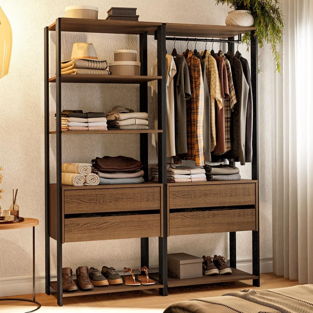 Guarda-Roupa Closet Modulado 4 Gavetas 6 Prateleiras 140cm Rustic/Preto Valencia Madesa XA