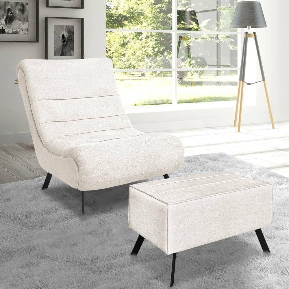 Conjunto Poltrona + Puff Com Pés De Ferro Em Tecido Bouclé Vancouver – Lucadi Off White