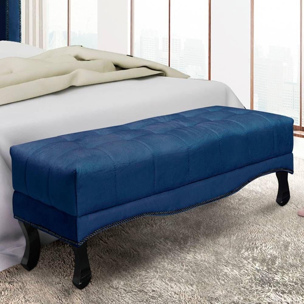 Recamier 1,60m Com Pés Luiz Xv E Acabamento Luxo Em Tecido Suede Vicenza - Lucadi azul