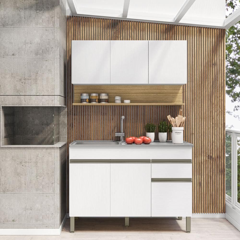 Kit Balcão de Pia sem tampo e Aereo 120 cm 6 Portas 1 Gaveta Madrid