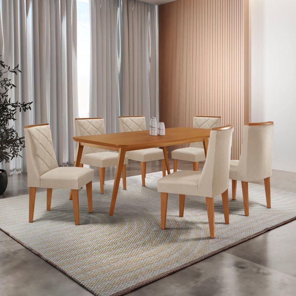 Mesa De Jantar Copper 180cm Tampo Com 6 Cadeiras Moderna Veludo Creme/naturalle/naturalle
