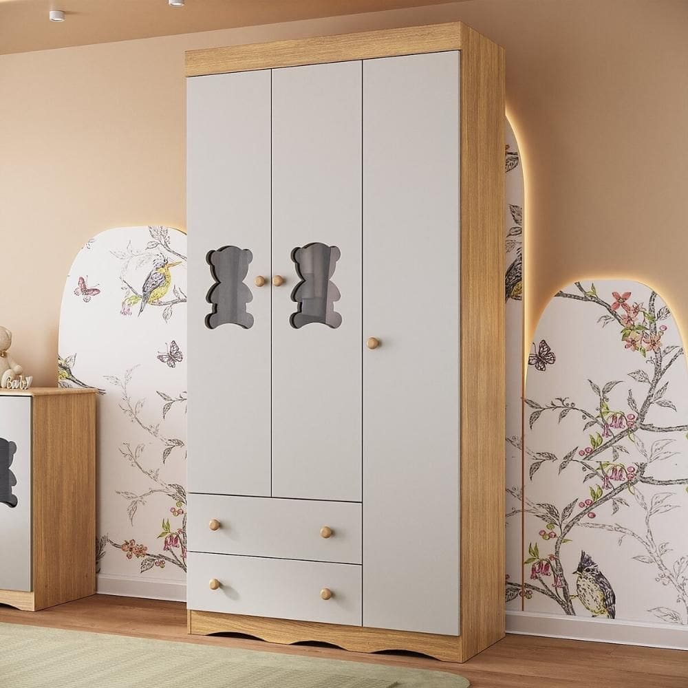 Guarda-roupa Infantil 92cm com Vidro 3 Portas e 2 Gavetas Doçura Multimóveis MP4492