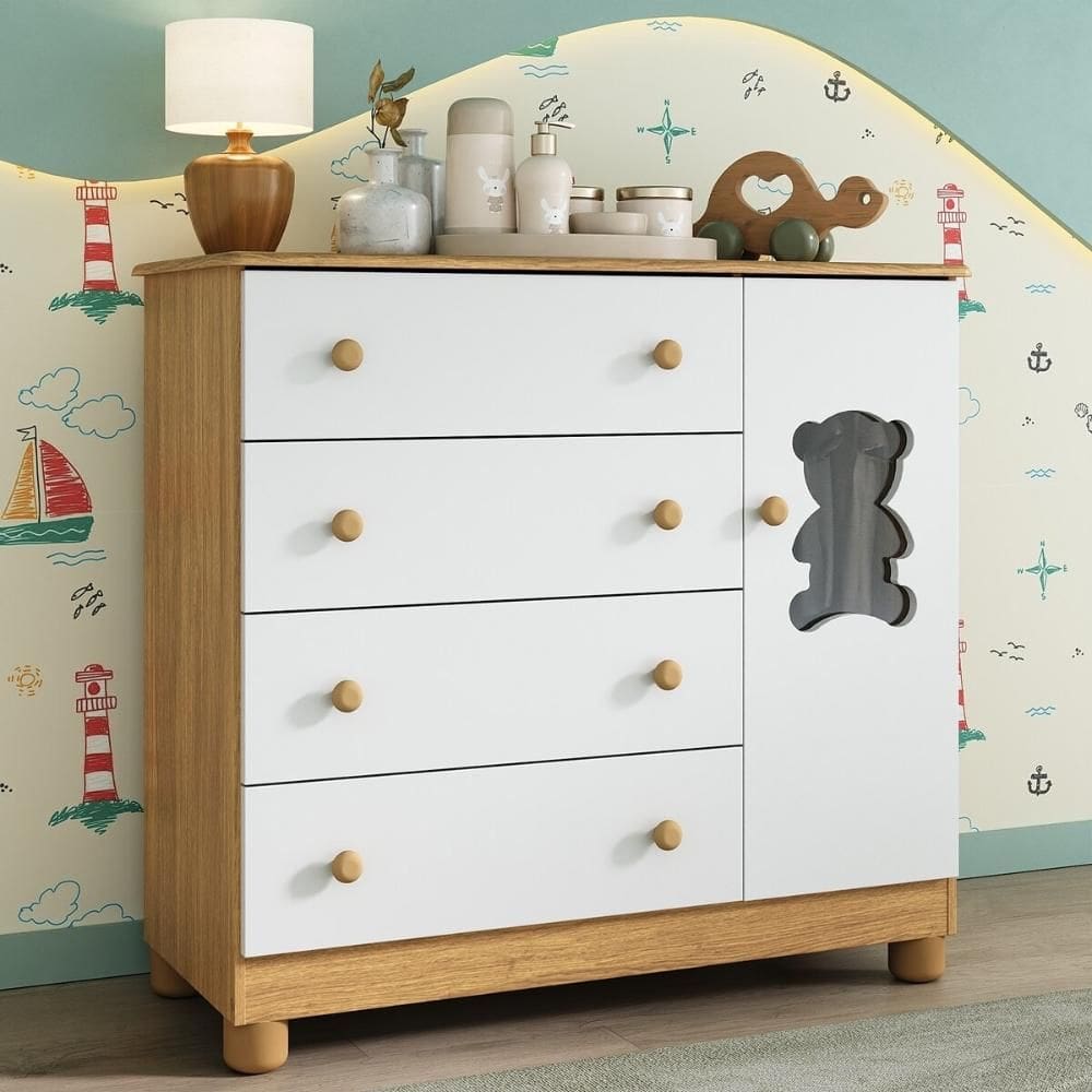Cômoda Infantil 95cm 1 Porta com Vidro e 4 Gavetas Fofura Multimóveis MP4484