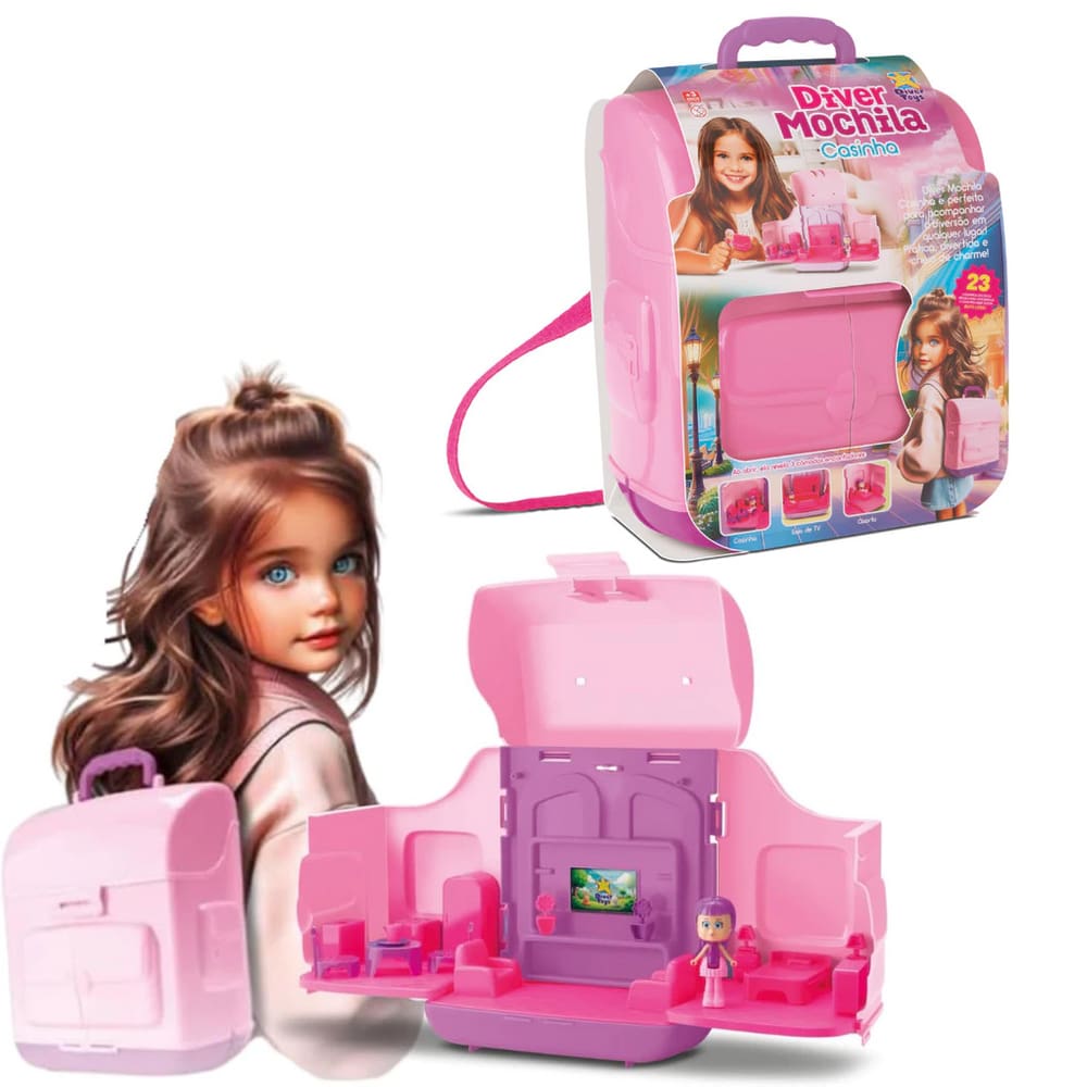 Diver Mochila Casinha 3 Cômodos + Boneca 23pçs - Divertoys