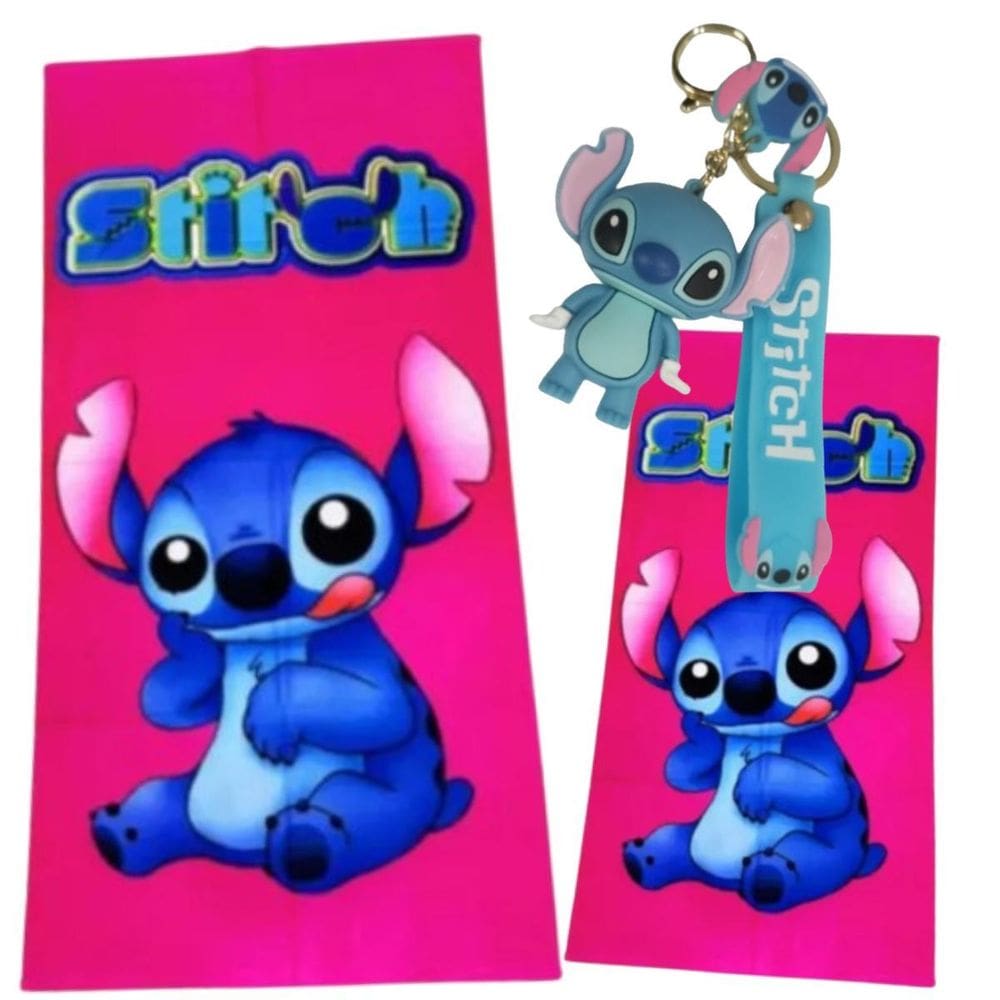 Jogo Toalha Com Chaveiro 3D Stitch2 Rosa