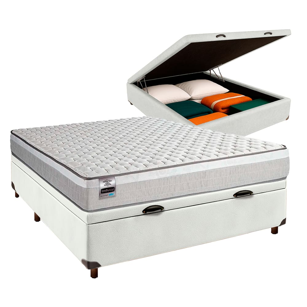 Conjunto Cama Box Bau Branco Casal + Colchão Molas Ensacadas Hanover Inducol