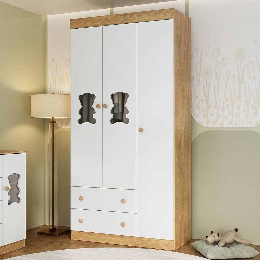 Guarda-roupa Infantil 92cm com Vidro 3 Portas e 2 Gavetas Teddy Multimóveis MP4487