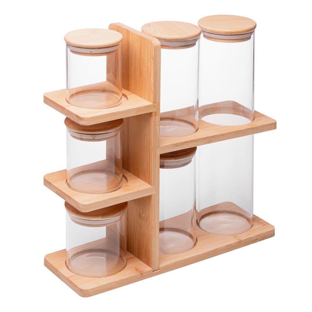 Porta Temperos 6 peças Vidro com Tampa e Suporte de Bambu Wolff