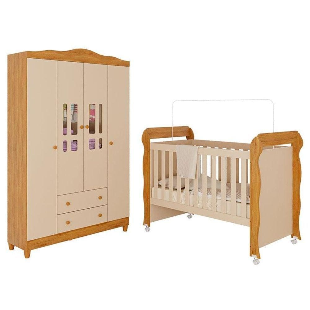 Berço Americano Mirelle E Guarda Roupa Infantil Ariel 4 Portas Off White Bétula- Carolina Baby