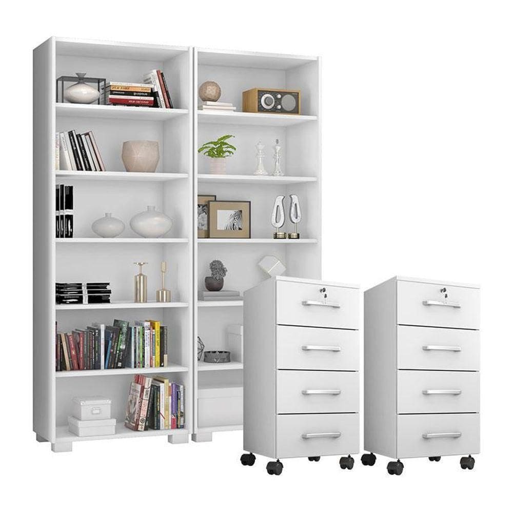Kit 2 Gaveteiros Para Escritório Gávea Com Chave E 2 Livreiros Office Branco Fosco - Móveis Leão