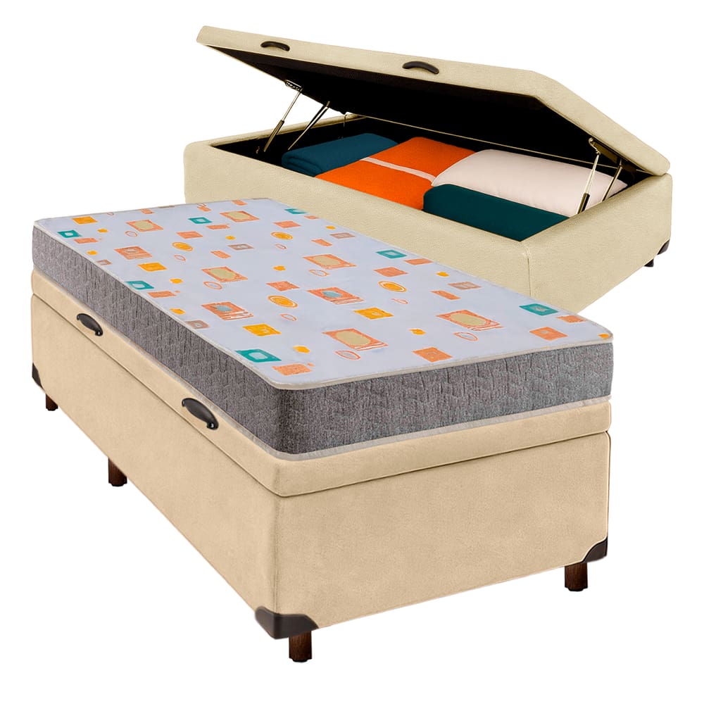 Cama Box Bau Perola Solteiro + Colchão D20 Inducol