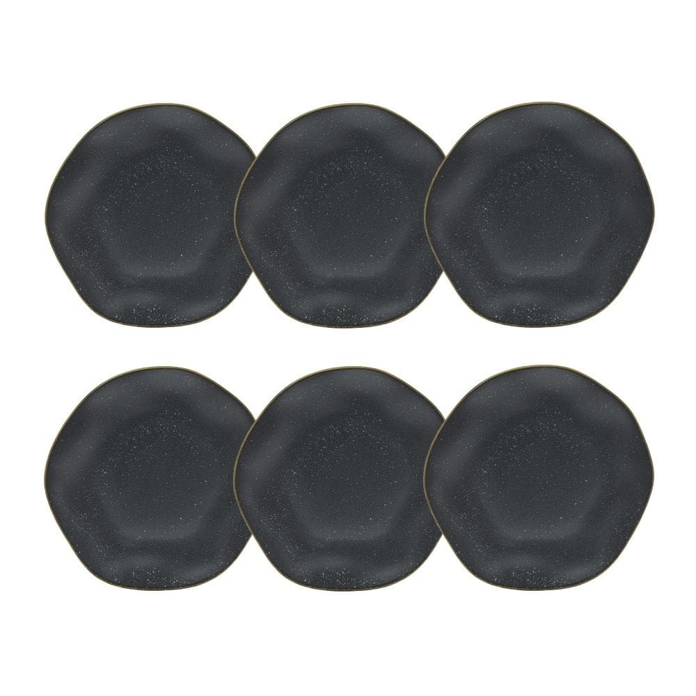 Cj 6 Pratos Rasos de Porcelana Orgânico Ryo Volcano Preto Fosco/Ocre 27,5cm Oxford