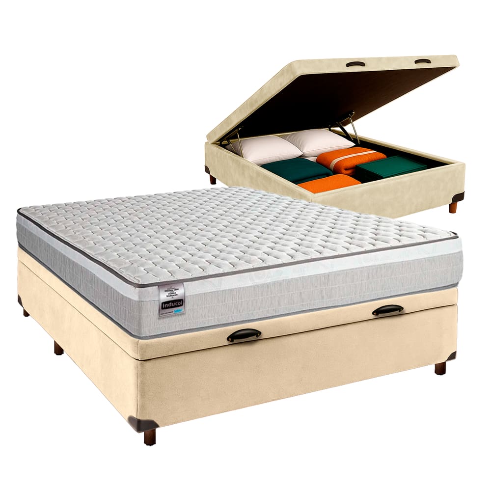 Cama Box Bau Perola Casal + Colchão Molas Ensacadas Hanover Inducol