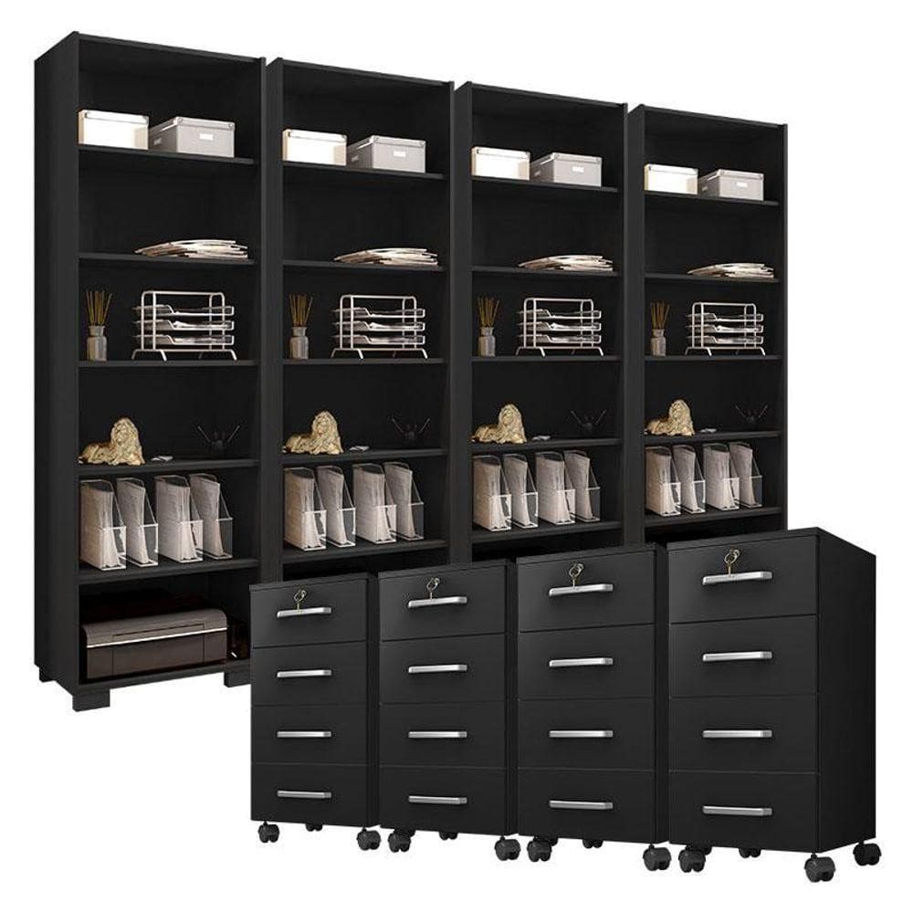 Kit 4 Gaveteiros Para Escritório Gávea Com Chave E 4 Livreiros Office Preto Fosco - Móveis Leão