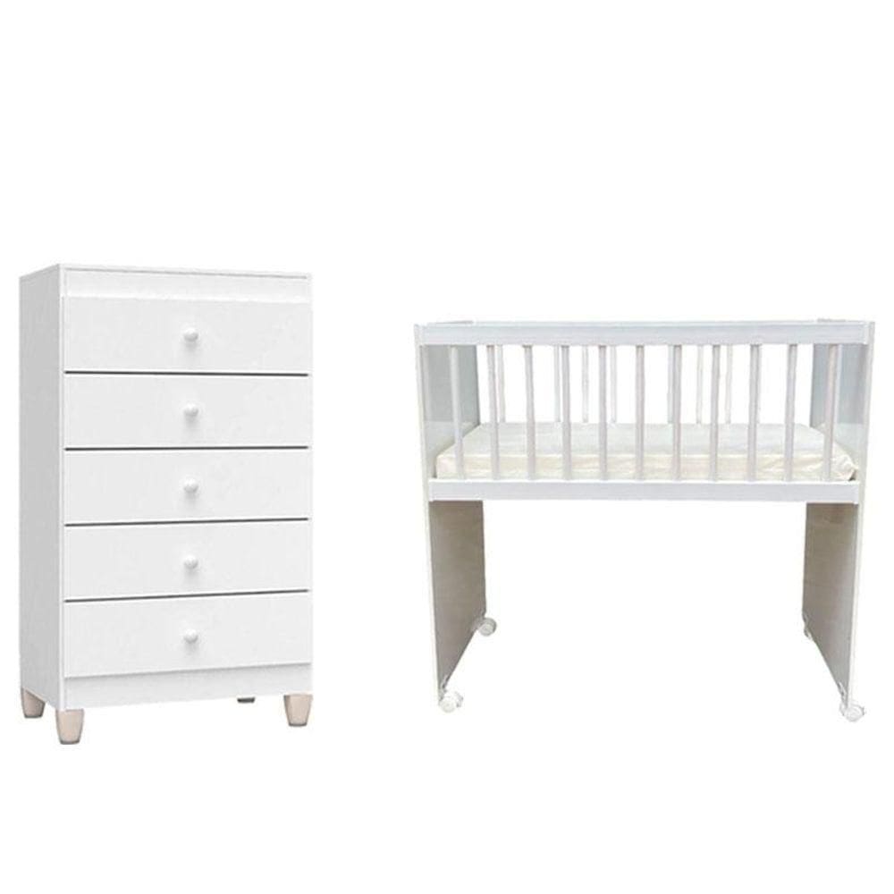 Mini Berço Moisés Alegria Com Colchão E Cômoda Gaveteiro Ternura Baby Branco Brilho - Incorplac
