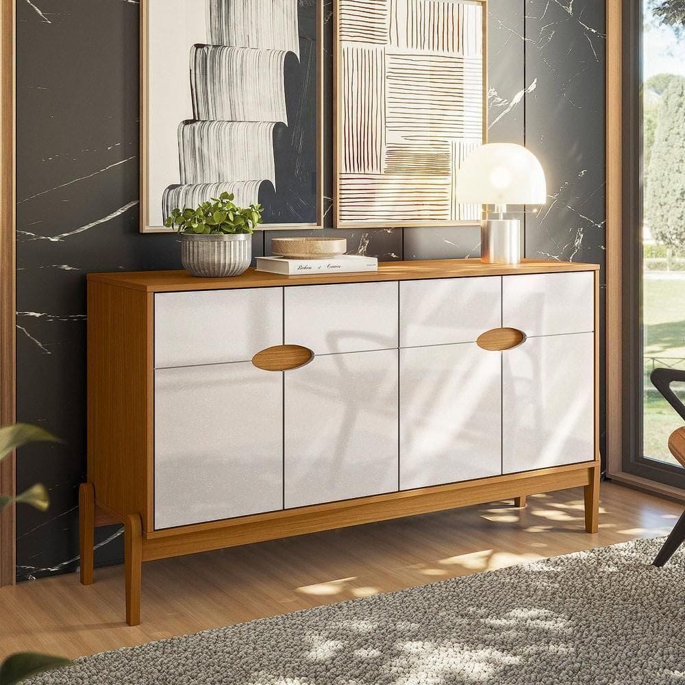Aparador Buffet Intense 4 Portas Retrô Com Pés De Madeira Freijó - Off White Perolizado - Movelove Freijó - Off White Perolizado