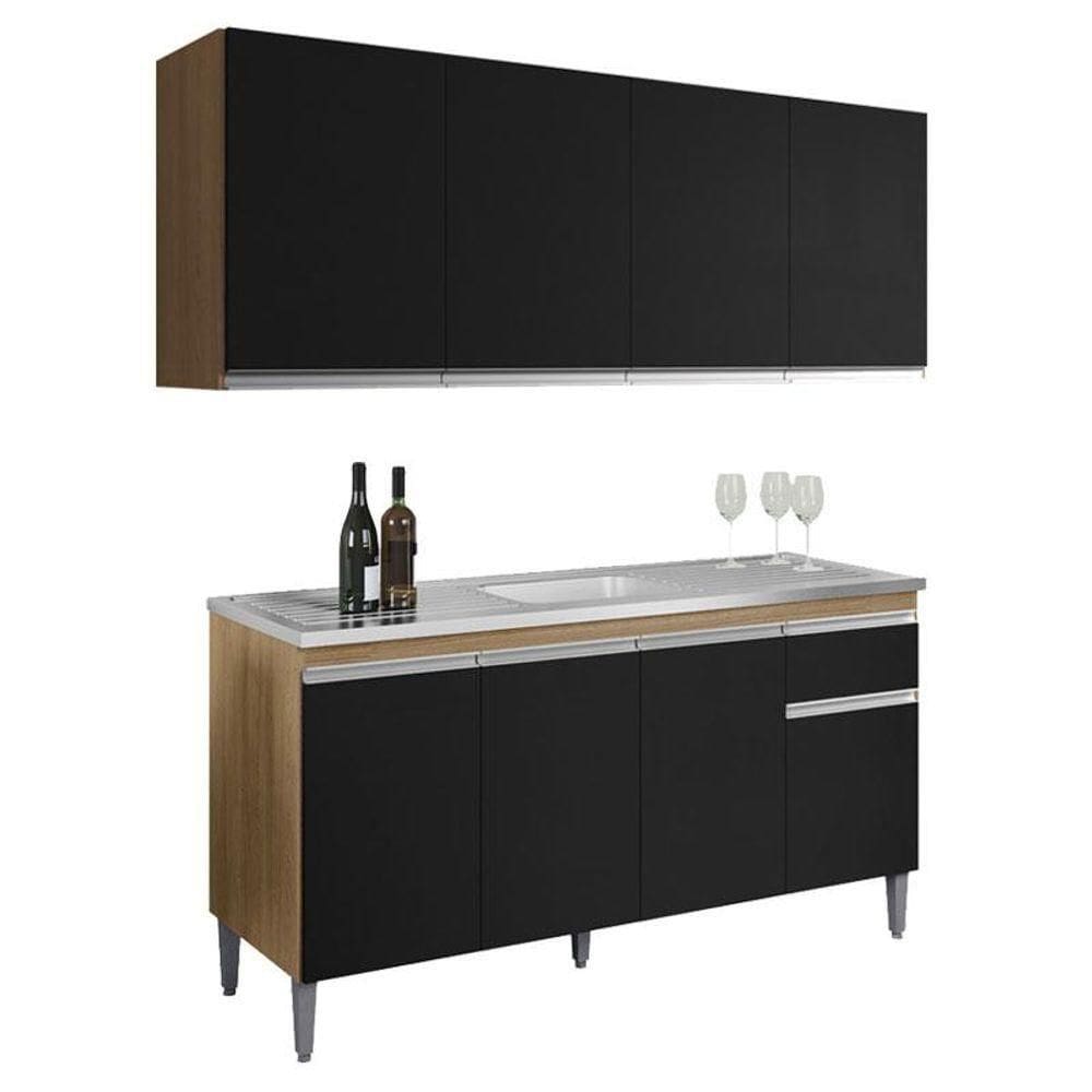 Balcão De Pia Tatiane 145 Cm E Armário Aéreo Andreia 4 Portas 160 Cm Amêndoa Preto - Ajl