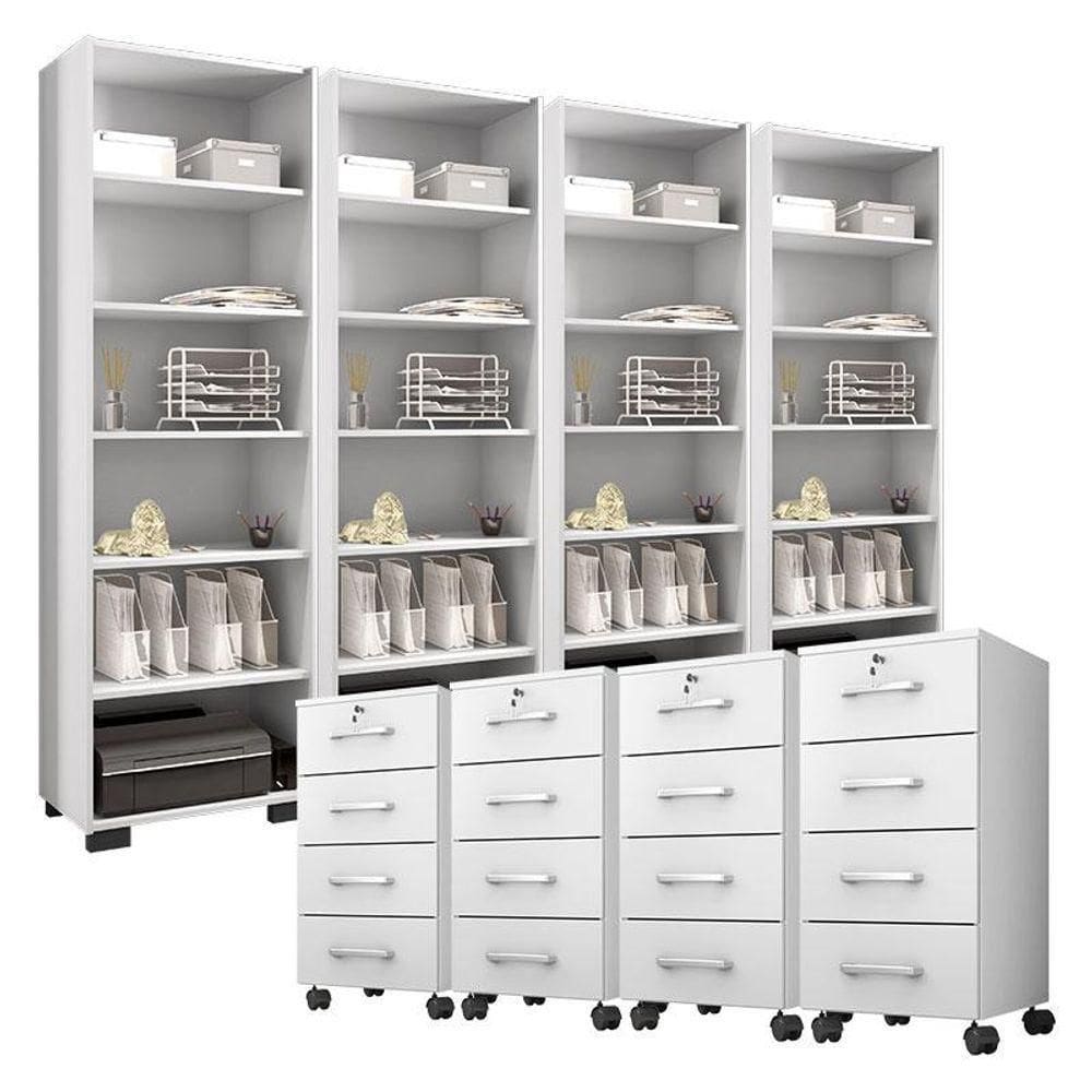 Kit 4 Gaveteiros Para Escritório Gávea Com Chave E 4 Livreiros Office Branco Fosco - Móveis Leão