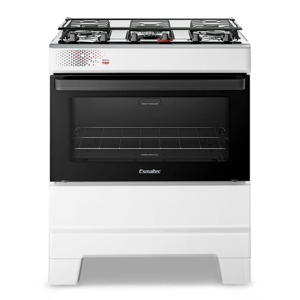 Fogão A Gás Esmaltec Mesa Inox Tampa De Vidro Forno 84L Ideal Top Branco 5 Bocas Bivolt
