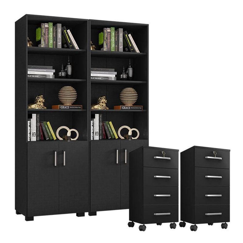 Kit 2 Gaveteiros Para Escritório Gávea Com Chave E 2 Livreiros Office Com Portas Pequenas Preto Fosco - Móveis Leão