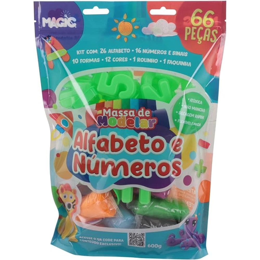 Massa de modelar 66 pecas - alfabeto, sinais e numeros - 600g