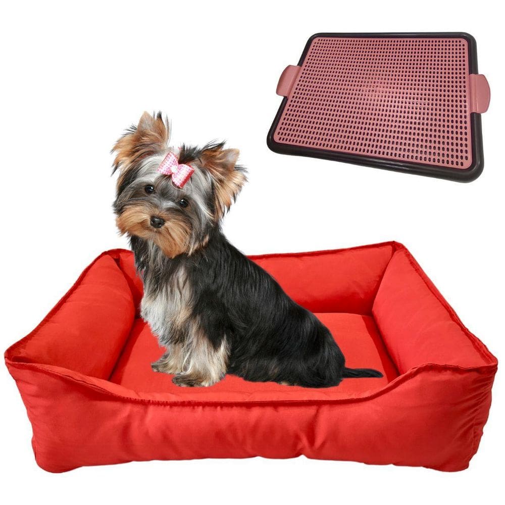 Kit Cama Retangular Tactel M E Sanitário Pet Com Grade Médio