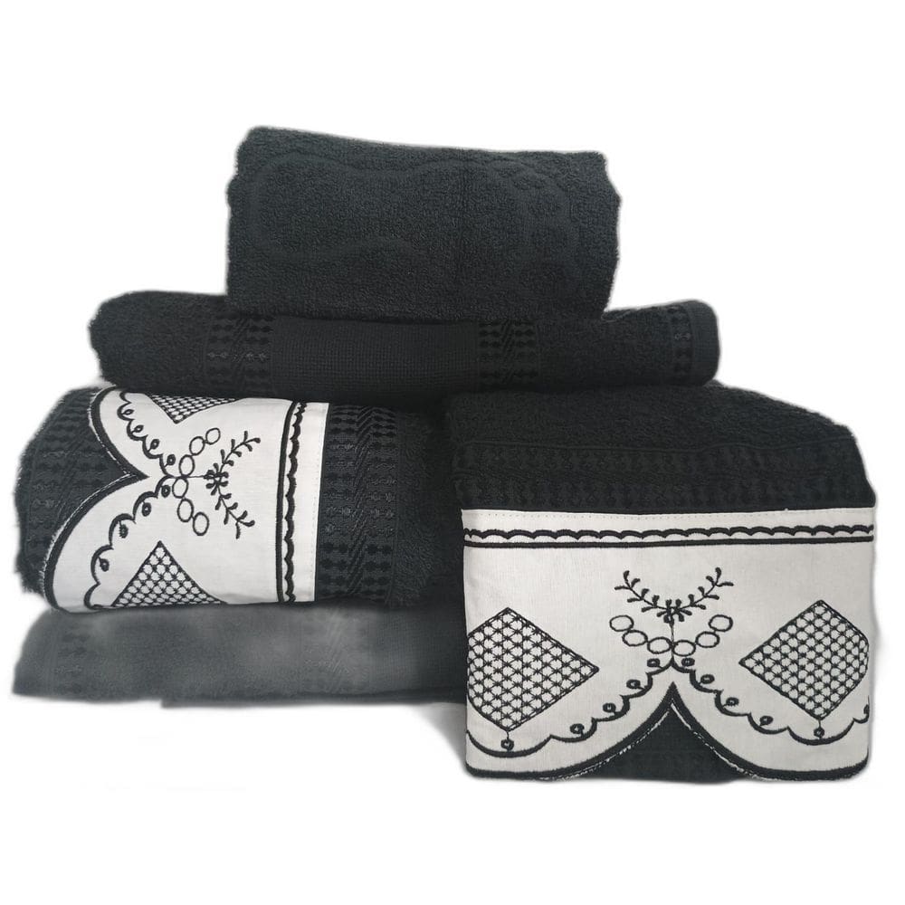 Jogo Toalha Banho Gigante Luxo Nobre 5 Pçs Bordadas Preto