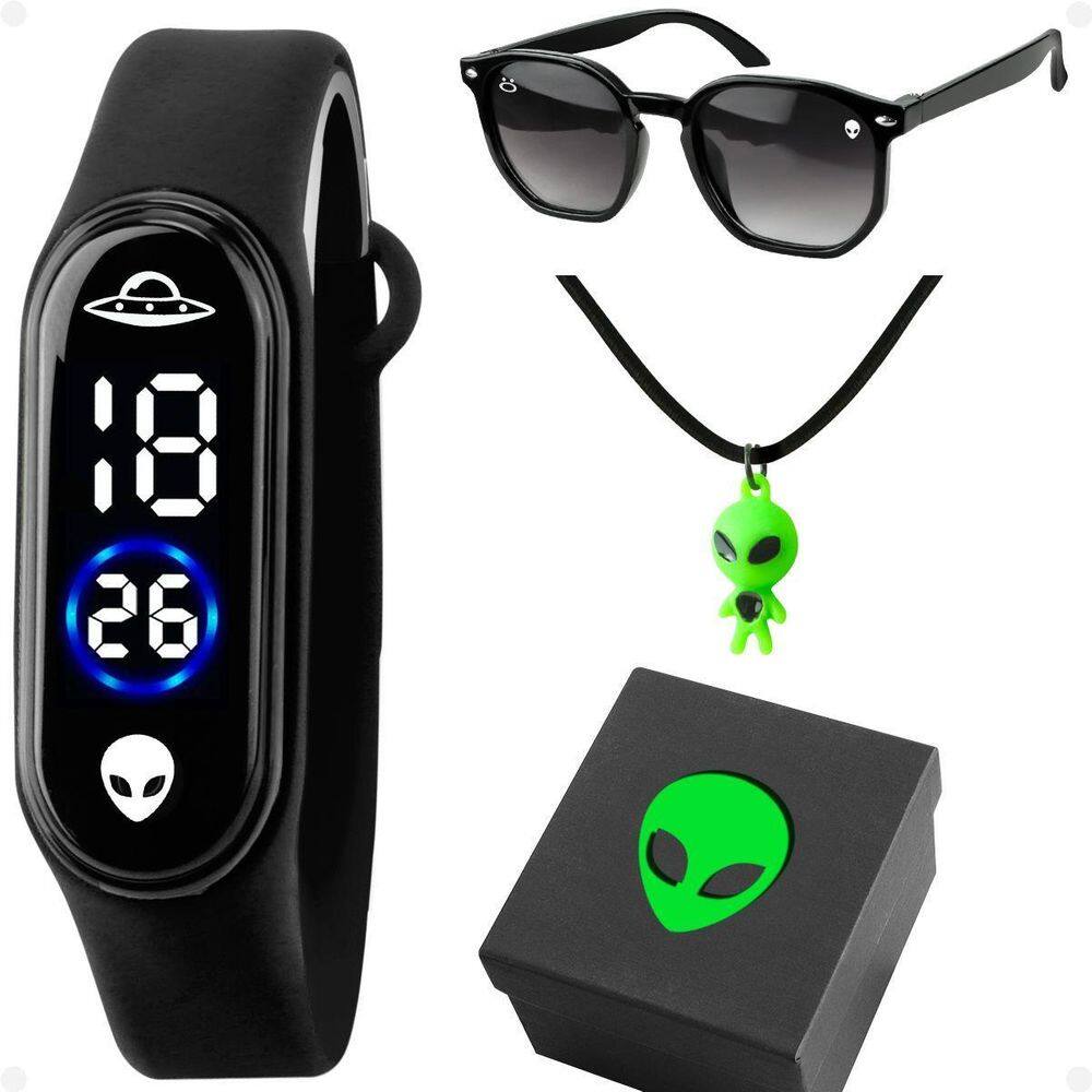 Relógio Led Ovni Infantil Et + Colar + Caixa + Óculos Sol