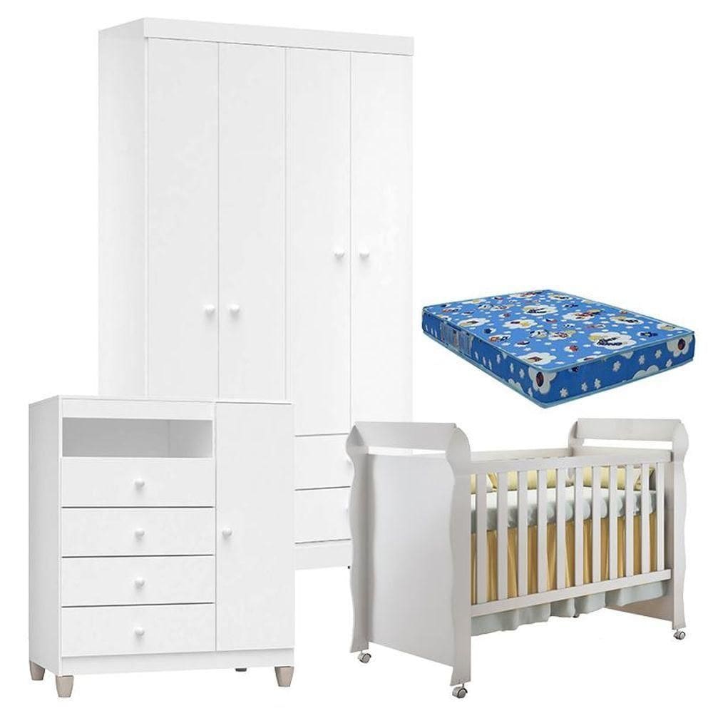 Quarto De Bebê 4 Portas Ternura Baby Com Berço Mirelle Branco Brilho Com Colchão Para Berço Americano - Incorplac