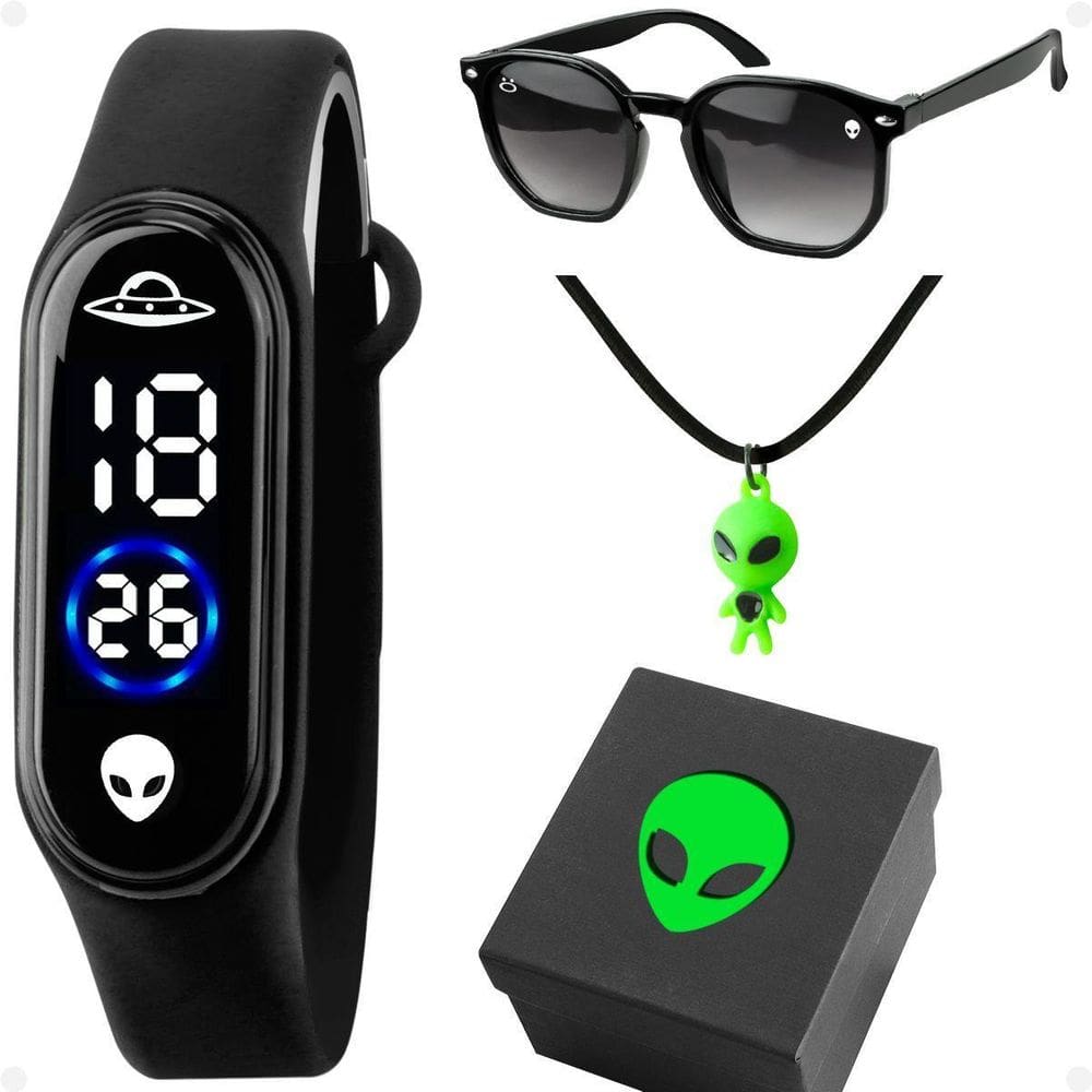 Relógio Led Ovni Infantil Et + Colar + Caixa + Óculos Sol