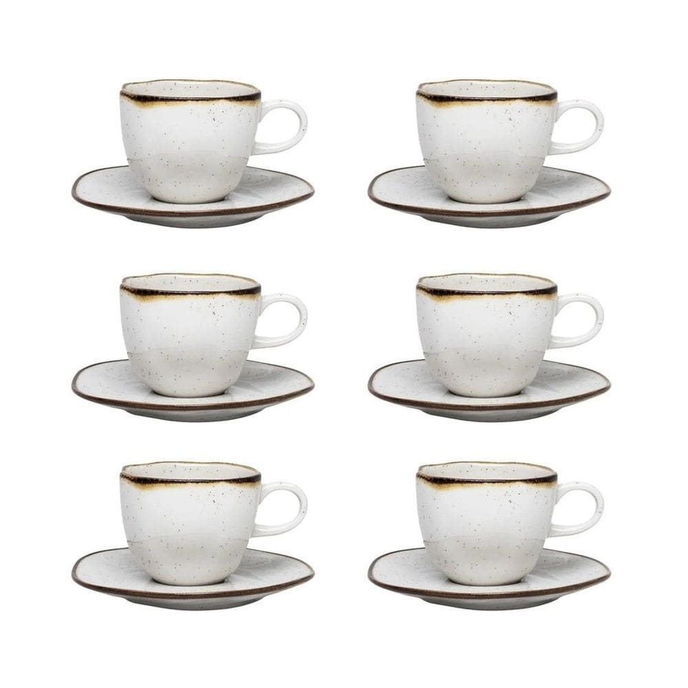 Cj 6 Xícaras P/Chá C/Pires de Porcelana Orgânico Ryo Maresia Branco/Marrom 220ml Oxford