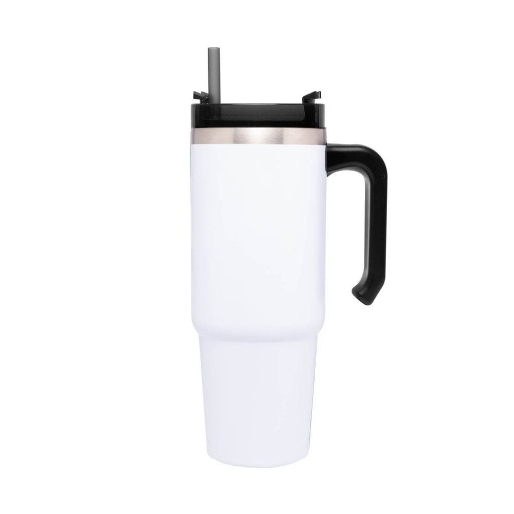 Copo Térmico Aço Inox Branco Slimterm C/Parede Dupla, Alça, Tampa e Canudo Plástico Cinza 890ml Wolff