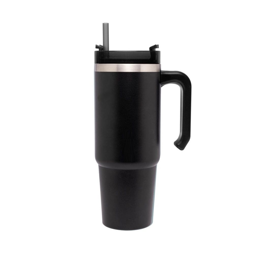 Copo Térmico Aço Inox Preto Slimterm C/Parede Dupla, Alça, Tampa e Canudo Plástico Cinza 890ml Wolff