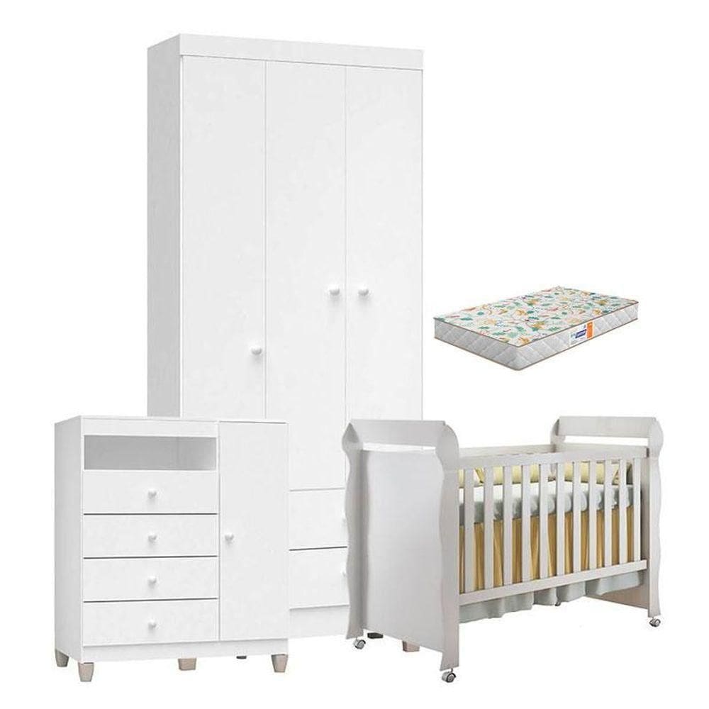 Quarto De Bebê 3 Portas Ternura Baby Com Berço Mirelle Branco Brilho Com Colchão Gazin - Incorplac