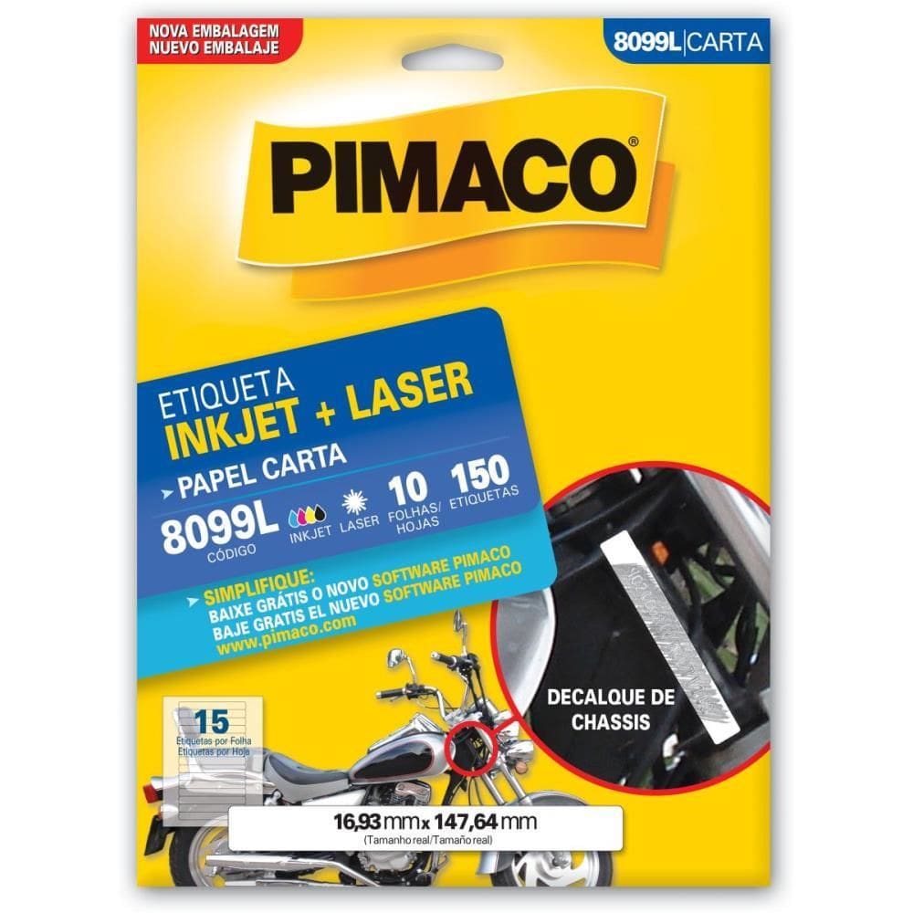 Etiqueta Inkjet Laser 8099L 10 Folhas 16.93 X 147.64mm Pimaco