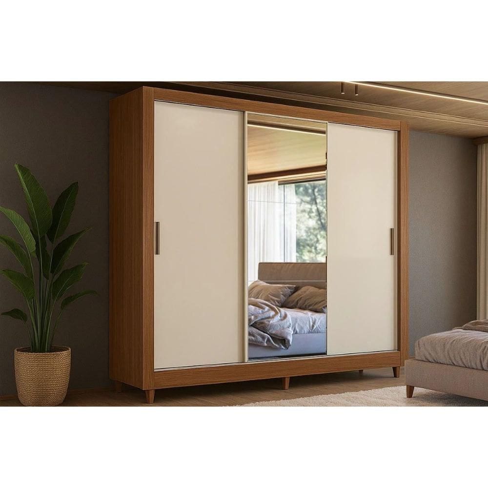 Guarda Roupa Casal Itália 3 Portas de Correr c/ Espelho 2 Gavs Jequitiba/Off White - Santos Andirá