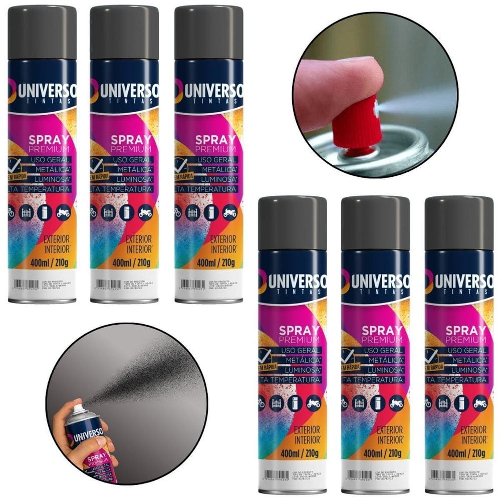 Kit 06 Latas Tinta Spray Preto Brilhante 400Ml Uso Geral
