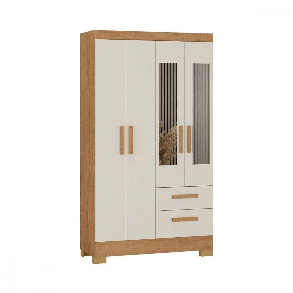 Guarda Roupa Solteiro Com Espelho 4 Portas Fortaleza Atualle Canelato Rustico Com Off White