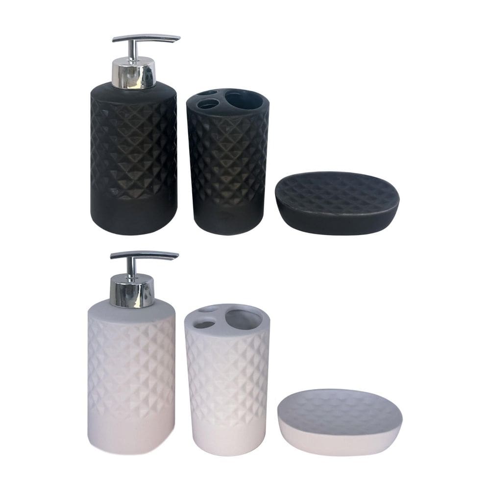 Jogo De Banheiro 3 Peças Cerâmica Preto Branco Saboneteira