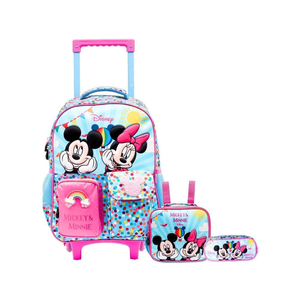 Kit Minnie Mickey Mochila 2Em1 Rodas + Lancheira + Estojo