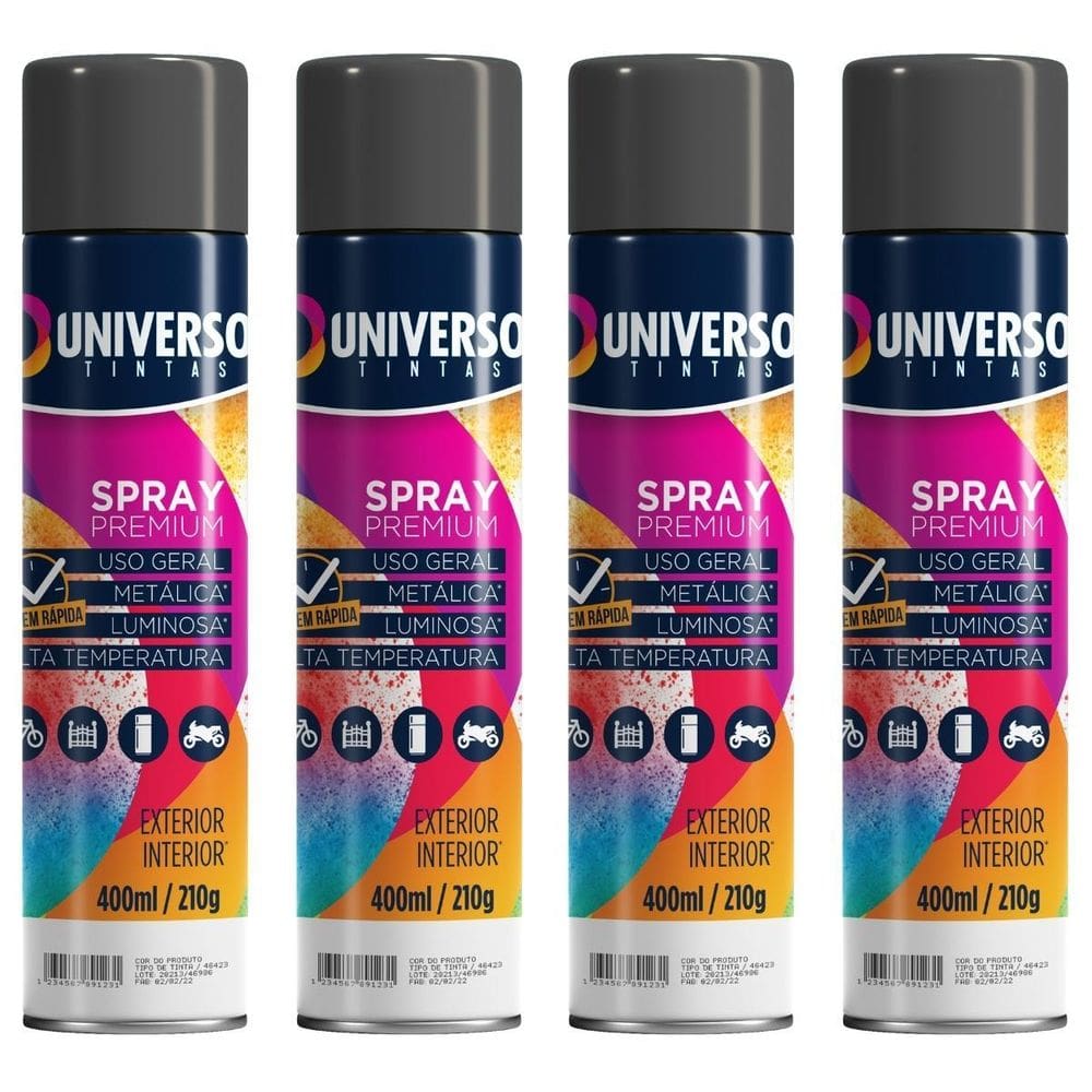 Kit 04 Latas Tinta Spray Preto Brilhante 400Ml Uso Geral
